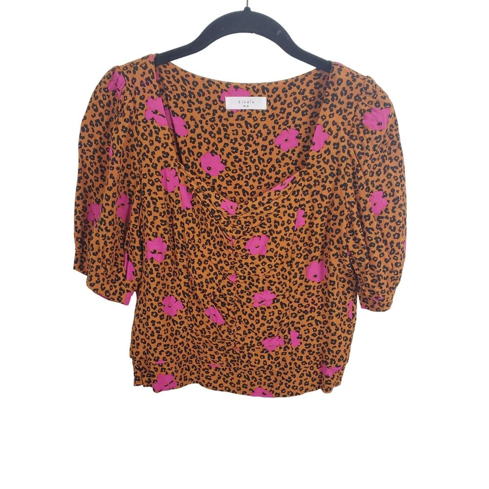 Elodie Blouse Medium Womens Crop Top Animal Print Purple Floral Print Square Nec